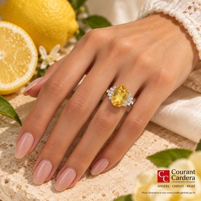 White gold ring set with an oval-cut yellow...