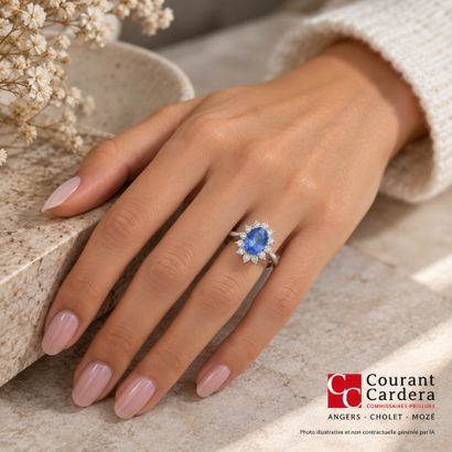 Platinum daisy ring set with an oval-cut...