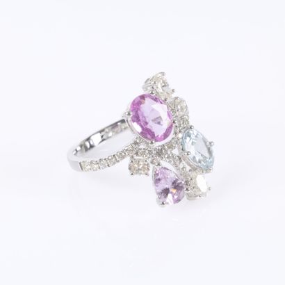 White gold cocktail ring set with 3 blue...