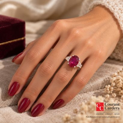 White gold ring set with a treated oval-cut...