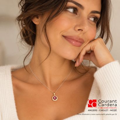 Gold pendant set with a brilliant-cut pink...