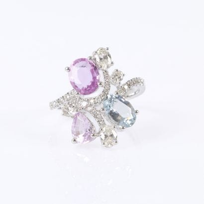 White gold cocktail ring set with 3 blue...