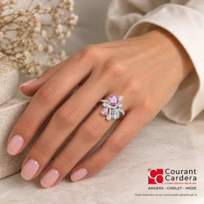 White gold cocktail ring set with 3 blue...