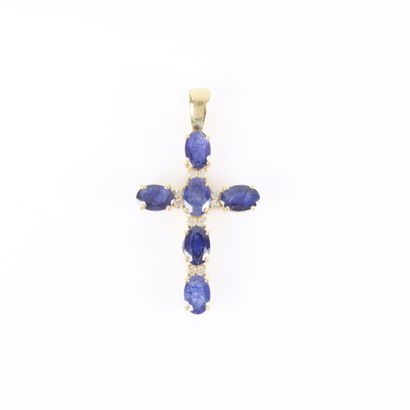 Gold cross pendant set with 6 oval-cut sapphires,...