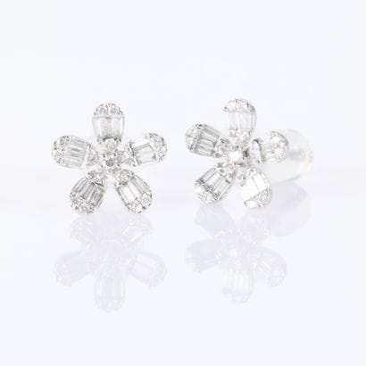 Pair of white gold flower-shaped earrings,...