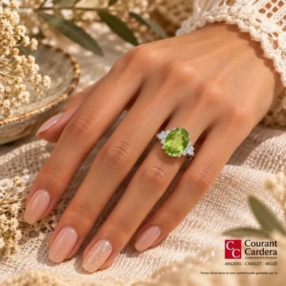 White gold ring set with an oval-cut peridot...