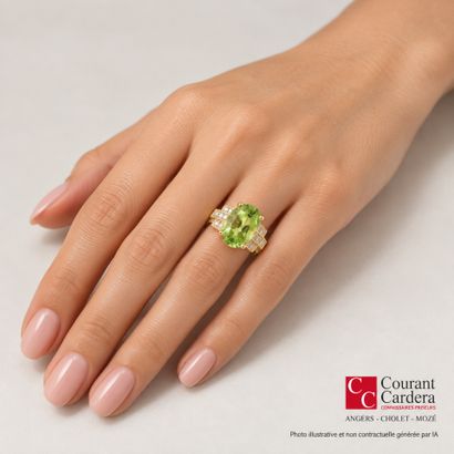 Gold ring set with an oval-cut green tourmaline...
