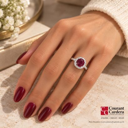 White gold ring set with a round ruby surrounded...