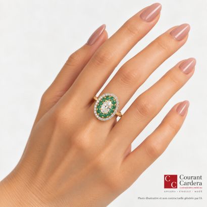 Gold ring set with an oval-cut diamond weighing...