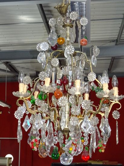 Lustre cage en laiton éclairant à dix bras...
