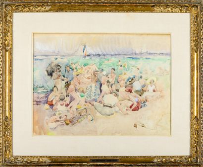 Odilon ROCHE (1868-1947) : La plage animée....