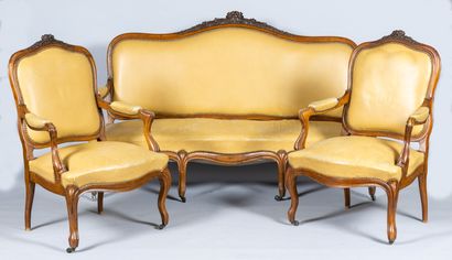 Mobilier de salon de style Louis XV en bois...