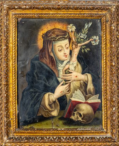 Ecole flamande XIX°: Vierge priant le crucifix...