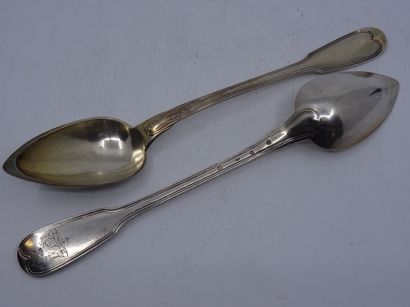 Deux cuillères à ragout en pendant en argent,...