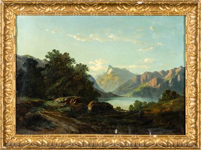 Ecole du XIX°: Paysage de montagne. Huile...