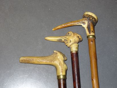 Lot de trois cannes avec pommeaux en bois...