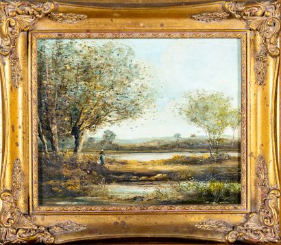Ecole Française : Paysage au bord de l'étang....