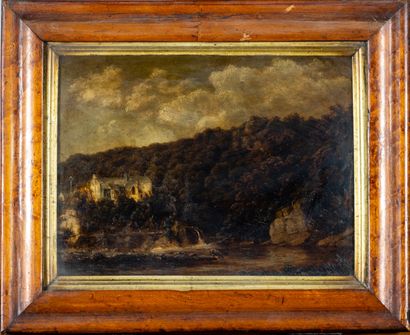 Ecole XIX°: Paysage à la chapelle. Huile...