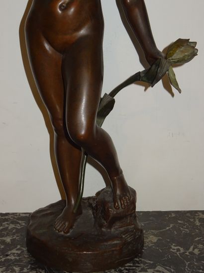 Femme nue tenant une fleur. Sujet en bronze...