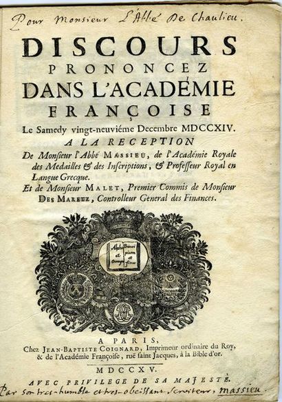 MASSIEU Guillaume (1665-1722) abbé, helléniste,...