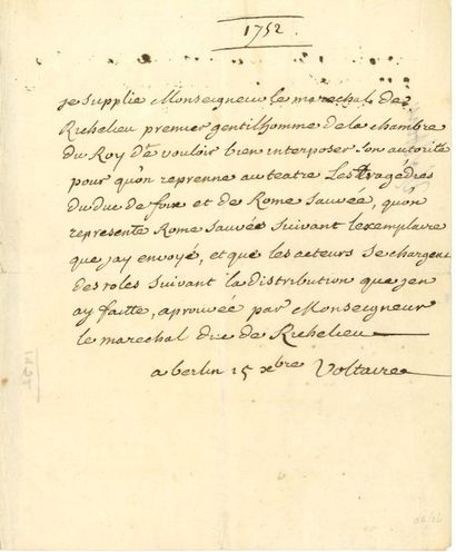 VOLTAIRE (1694-1778) [AF 1746, 33e f].

L.A.S....