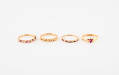 Four yellow gold (750) rings adorned with...