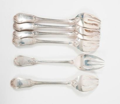 Set of 6 salad forks (?) in silver (950),...