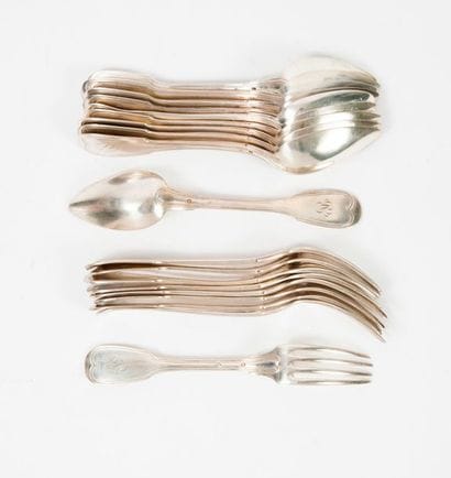 Set of eight cutlery and a silver spoon (950),...