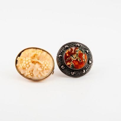 Two pins: 

- an oval with a yellow gold...