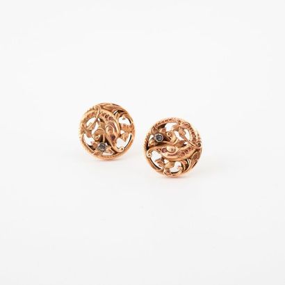 Pair of yellow gold (750) earrings decorated...