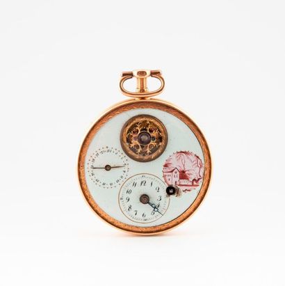 Pocket watch in pink gold (750).
White enamelled...
