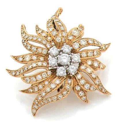 Broche fleur de dahlia stylisée en ors jaune...