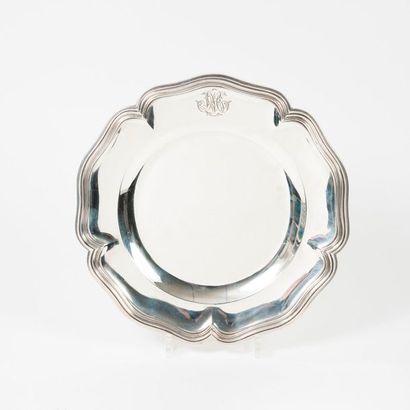 
Round silver dish (950) with contoured rim,...