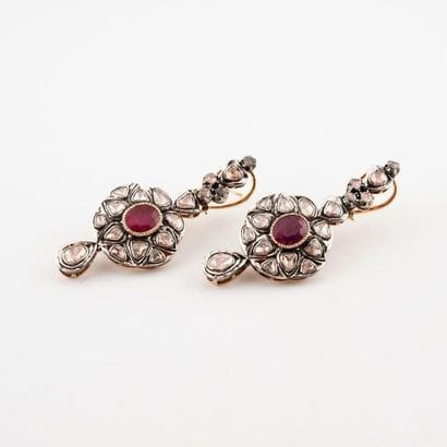 Pair of large ear pendants in yellow gold...