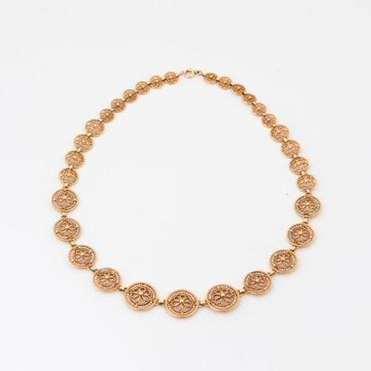 Yellow gold necklace (750) with round filigree...