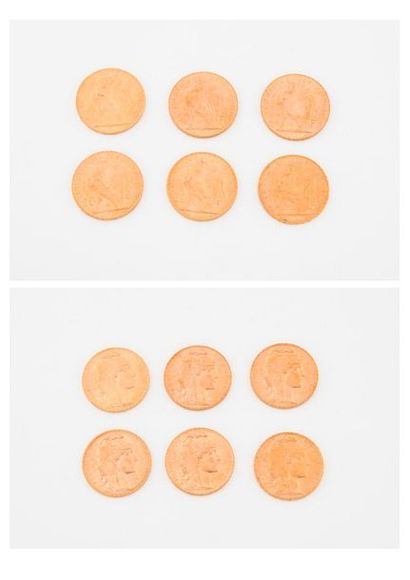FRANCE 

Lot de 6 pièces de 20 francs or,...