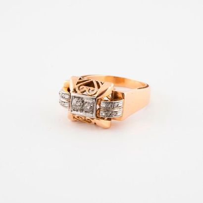 Architectural ring in openworked yellow gold...
