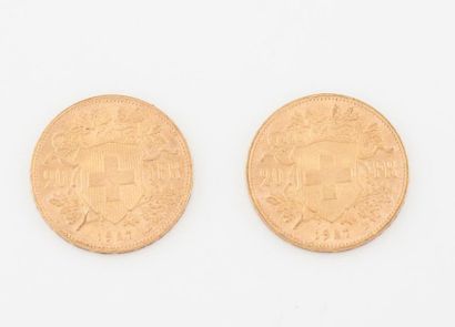 SUISSE
Deux pièces de 20 francs or, Helvetia,...