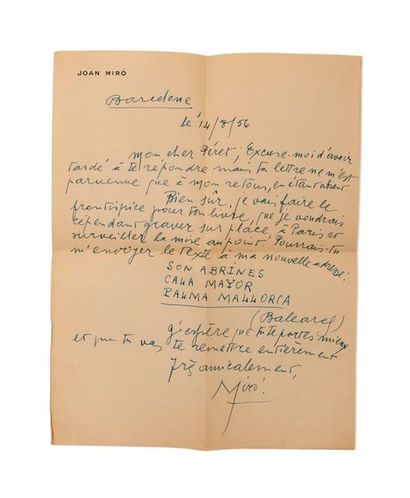 MIRÓ, JOAN
LAS à Benjamin PERET, Barcelone,...