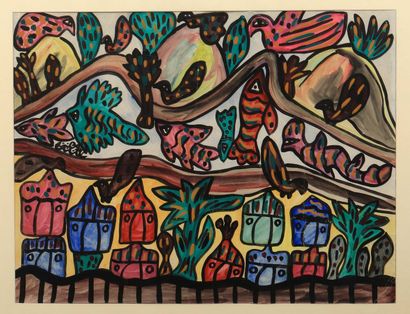 BAYA (1931-1998)
Poissons volants.
Gouache...