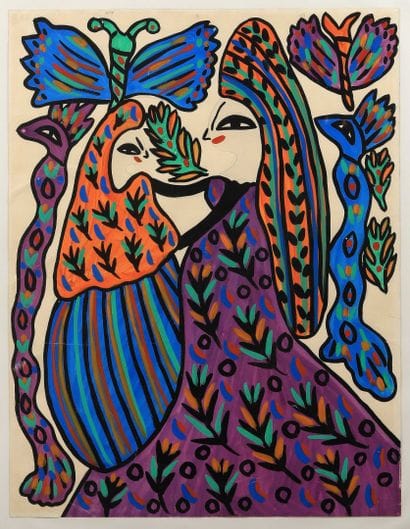 BAYA (1931-1998)
Deux femmes et papillons.
Gouache...