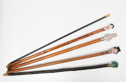 Lot of 5 canes:
- one with a ceramic pommel...