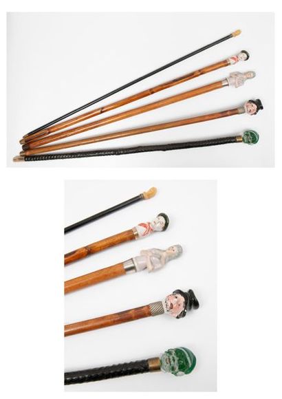 Lot of 5 canes:
- one with a ceramic pommel...