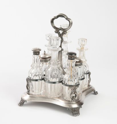 Oil cruet and mustard pot with a silver plated...