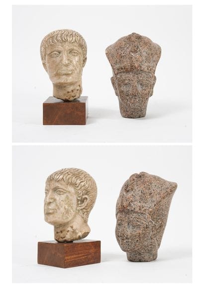Deux têtes sculptées en pierre, dans le goût...