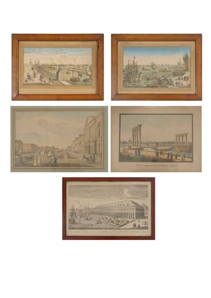 Lot de 5 gravures vues d'optique : 
- Barques...