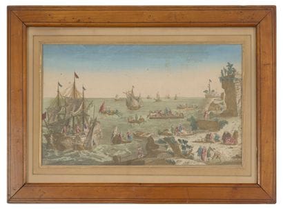 Lot de 5 gravures vues d'optique : 
- Barques...