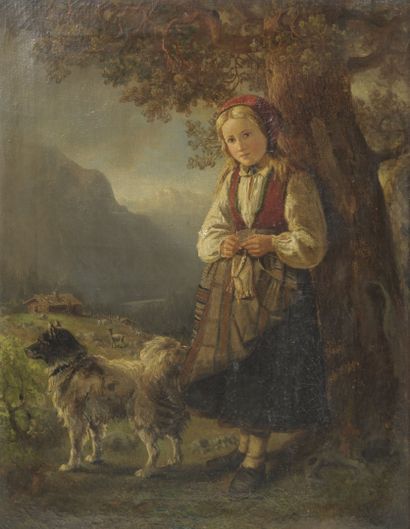 Ecole du XIXème siècle
Jeune bergère tricotant...