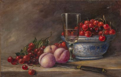 Ecole Moderne
Nature morte aux cerises. 

Huile...