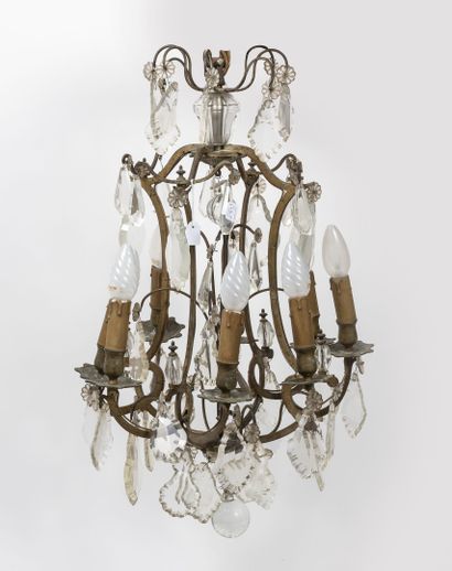 Lustre en cage en métal et pampille de verre...